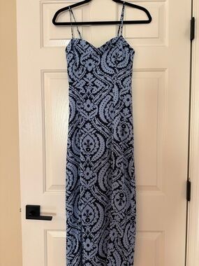 Blue Patterned Spaghetti-Strap Maxi Dress